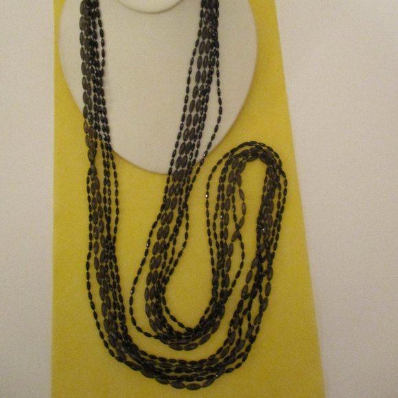 49.5" 6 STRAND Beaded Necklace FACETED Oval LUCITE Black & Clear Gray - Picture 1 of 9